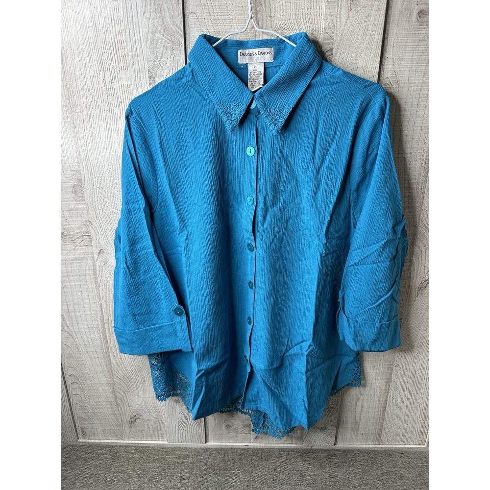 Drapers & Damons Women Petites Teal Blue Crinkle Lace Back Button Down Shirt PL